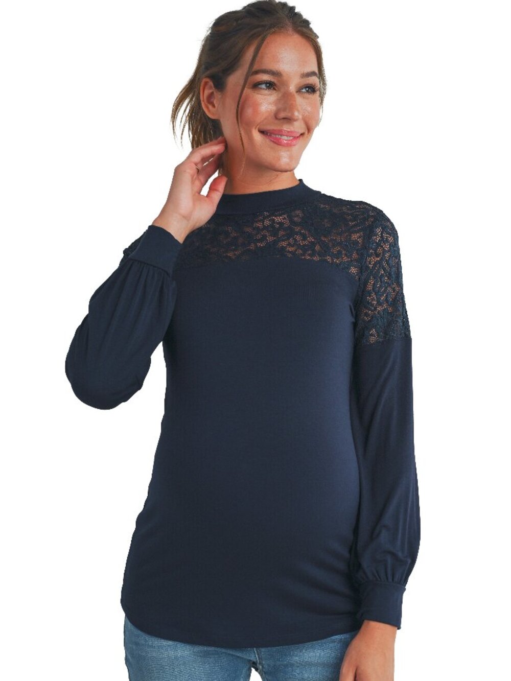 Womens Floral Lace Long Sleeve Mock Neck Maternity Top